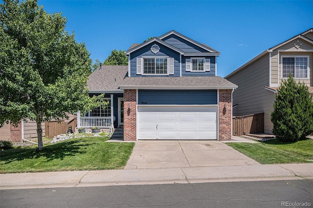 9640 Moss Rose Cir, Highlands Ranch, CO 80129 - traditional-style house featuring brick siding, an attached garage, concrete driveway, and a shingled roof