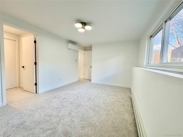 unfurnished room featuring light colored carpet, a wall mounted air conditioner, and a baseboard heating unit