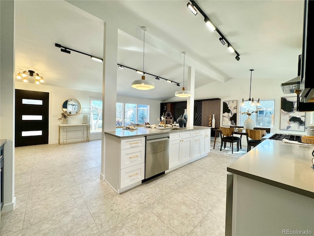 kitchen with white cabinetry, pendant lighting, lofted ceiling with beams, and dishwasher