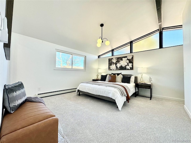 carpeted bedroom featuring a baseboard radiator, lofted ceiling, and a notable chandelier