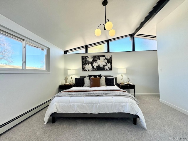 bedroom with vaulted ceiling with beams, carpet floors, and baseboard heating