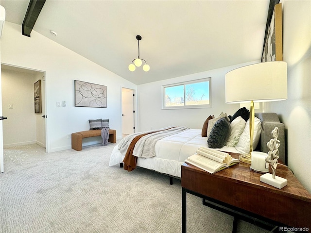 bedroom featuring light carpet and vaulted ceiling with beams