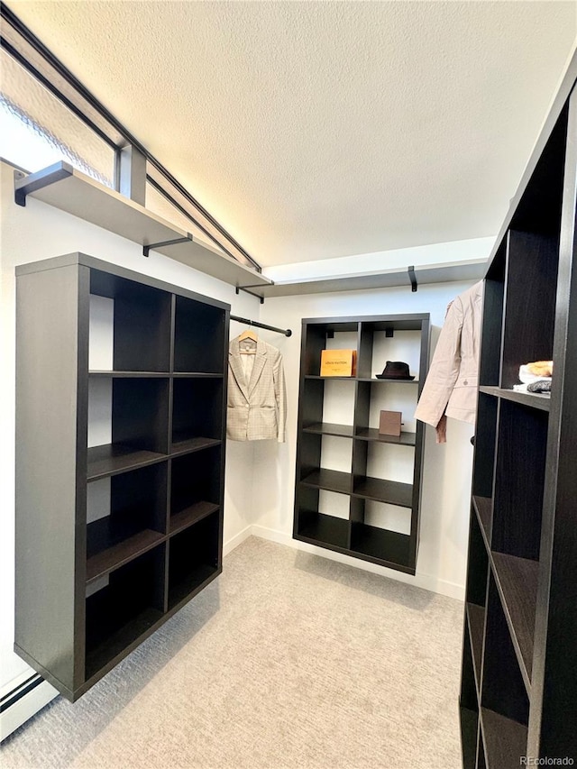 spacious closet with light colored carpet and a baseboard radiator