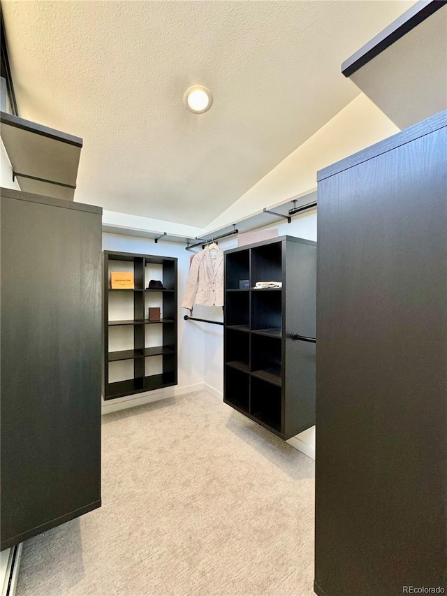 spacious closet with a barn door, light carpet, and lofted ceiling