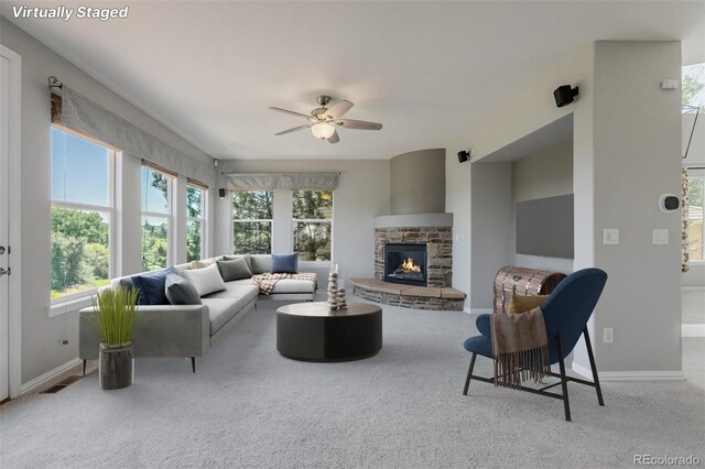 3126 Aspen Creek Dr, Highlands Ranch, CO 80129 - living area with a ceiling fan, a fireplace, carpet floors, and baseboards