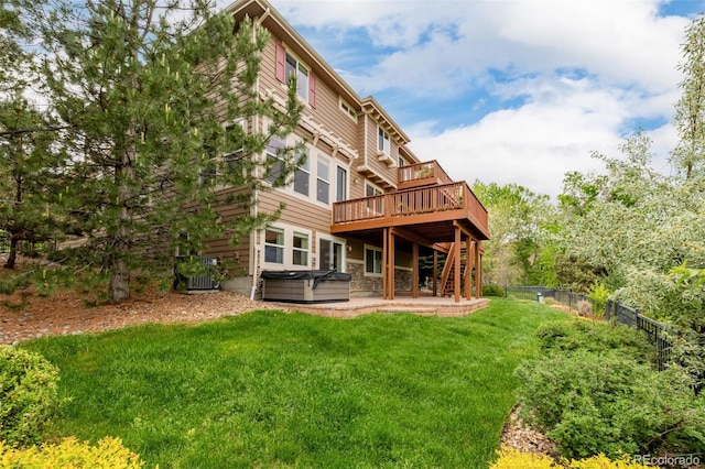 3126 Aspen Creek Dr, Highlands Ranch, CO 80129 - back of house with a hot tub, a wooden deck, a patio area, stairway, and cooling unit