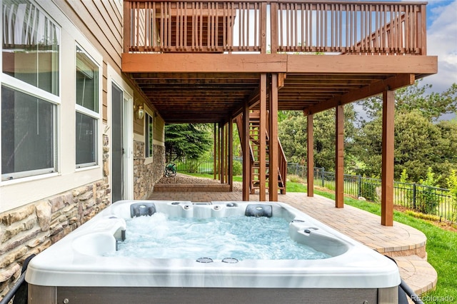 3126 Aspen Creek Dr, Highlands Ranch, CO 80129 - view of patio / terrace with stairway, a wooden deck, and a hot tub
