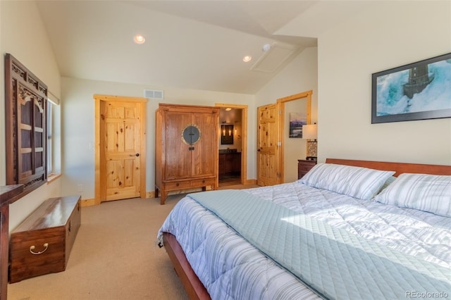 bedroom with recessed lighting, light colored carpet, visible vents, baseboards, and vaulted ceiling