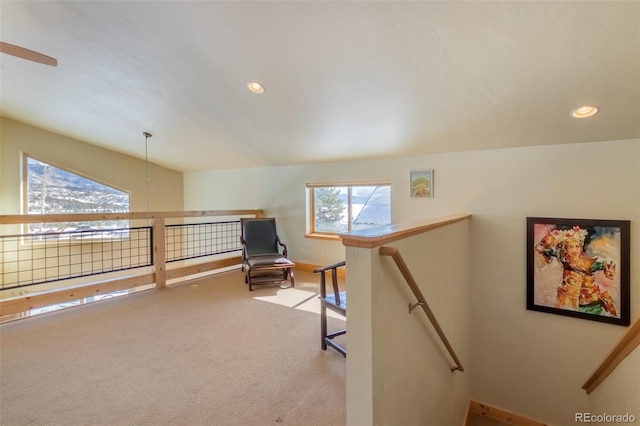 141 Gcr 4037, Grand Lake, CO 80447 - sitting room with an upstairs landing, carpet floors, baseboards, and recessed lighting