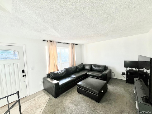 living room featuring a textured ceiling and carpet floors