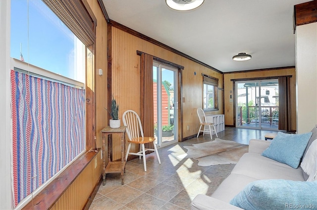 10795 County Road 197a Unit 6, Nathrop, CO 81236 - living area featuring ornamental molding, healthy amount of natural light, wooden walls, and light tile patterned flooring