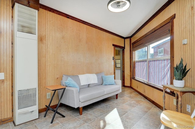 10795 County Road 197a Unit 6, Nathrop, CO 81236 - living area with a heating unit, ornamental molding, wood walls, and stone finish flooring