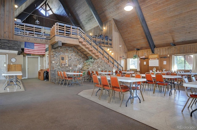 10795 County Road 197a Unit 6, Nathrop, CO 81236 - dining room featuring high vaulted ceiling, plenty of natural light, beam ceiling, and stairway