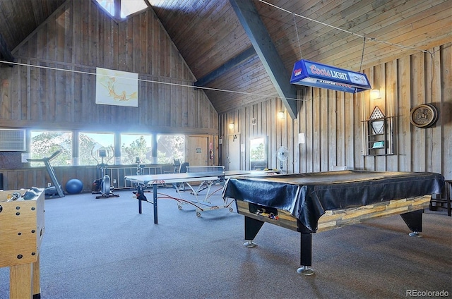 10795 County Road 197a Unit 6, Nathrop, CO 81236 - recreation room featuring high vaulted ceiling, carpet floors, wooden walls, billiards, and wooden ceiling