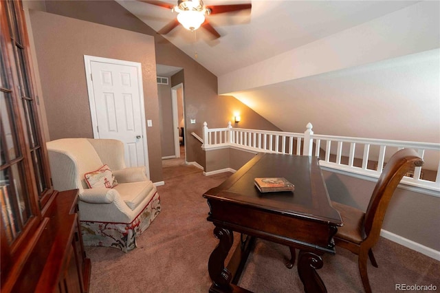 12242 Bannock Cir Unit D, Denver, CO 80234 - carpeted home office featuring lofted ceiling, ceiling fan, and baseboards