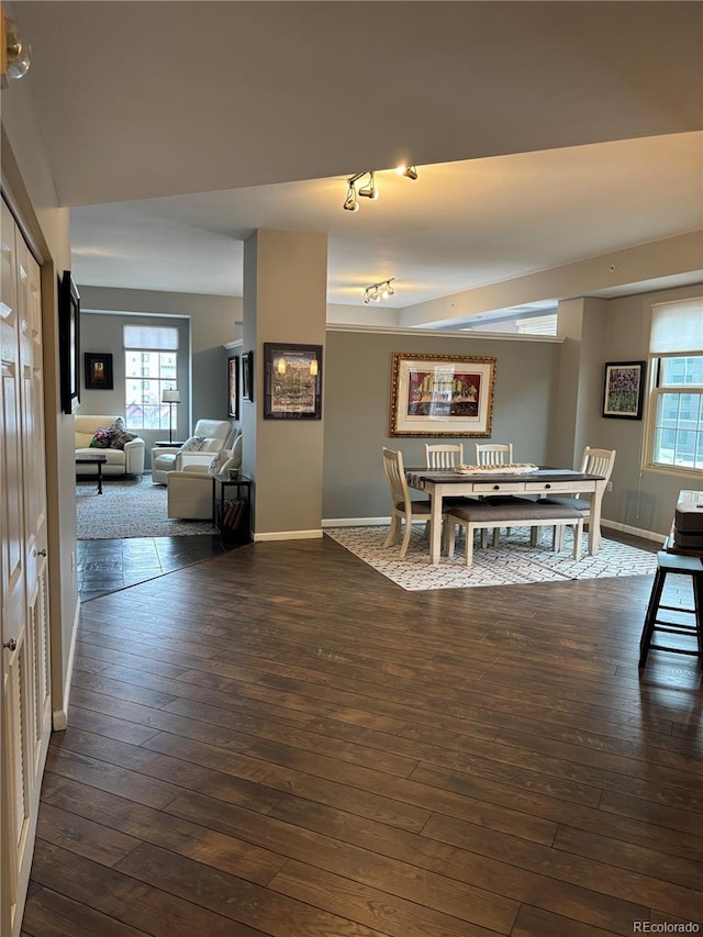 unfurnished dining area featuring dark wood finished floors, a wealth of natural light, and baseboards