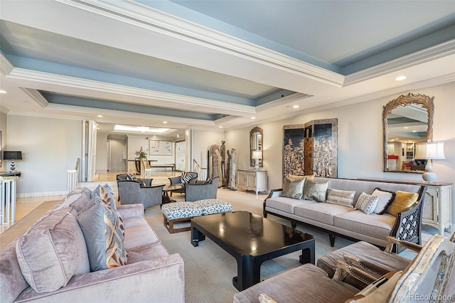 living area featuring a tray ceiling, crown molding, carpet, and recessed lighting