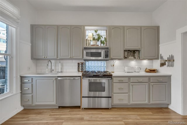 748 Elati St, Denver, CO 80204 - kitchen featuring stainless steel appliances, a sink, gray cabinetry, light countertops, and tasteful backsplash