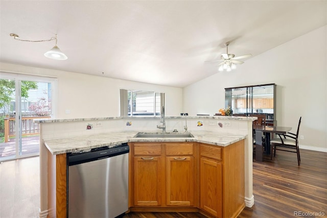 3461 Maple Cir, Brighton, CO 80601 - kitchen featuring dishwasher, a sink, plenty of natural light, dark wood finished floors, and lofted ceiling
