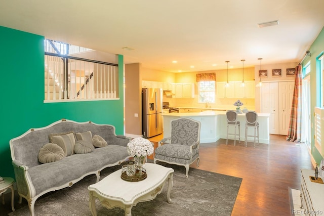 living room with sink and wood-type flooring