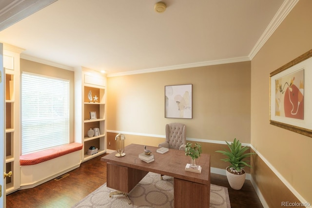 home office with ornamental molding and dark hardwood / wood-style floors