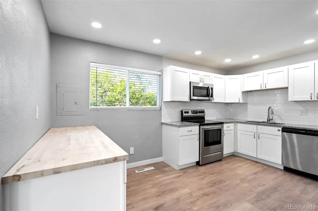 1210 Westend Ave, Colorado Springs, CO 80904 - kitchen with stainless steel appliances, tasteful backsplash, light wood-style floors, white cabinetry, and recessed lighting