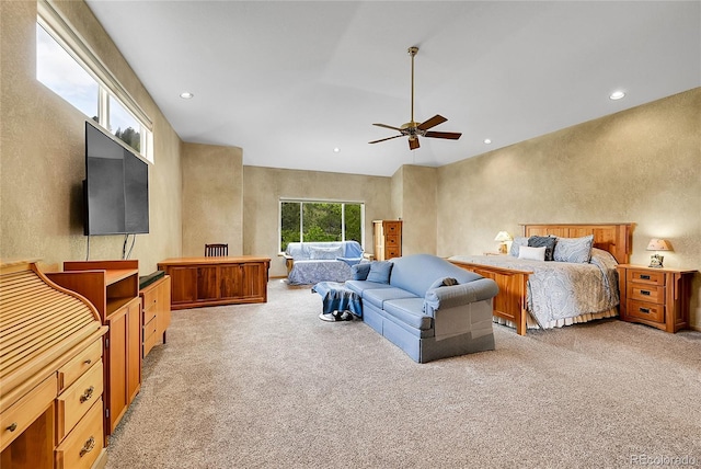 766 Chimney Creek Dr, Golden, CO 80401 - bedroom featuring light carpet, recessed lighting, ceiling fan, and vaulted ceiling