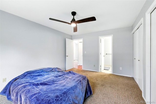 13651 W 65th Ave, Arvada, CO 80004 - carpeted bedroom featuring ensuite bath and a ceiling fan