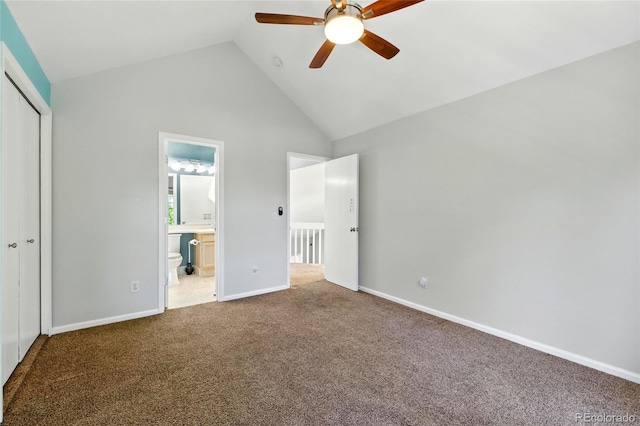 13651 W 65th Ave, Arvada, CO 80004 - unfurnished bedroom with carpet floors, a closet, ensuite bath, high vaulted ceiling, and ceiling fan