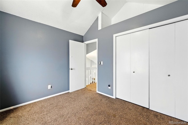13651 W 65th Ave, Arvada, CO 80004 - unfurnished bedroom featuring carpet flooring, a closet, high vaulted ceiling, and ceiling fan