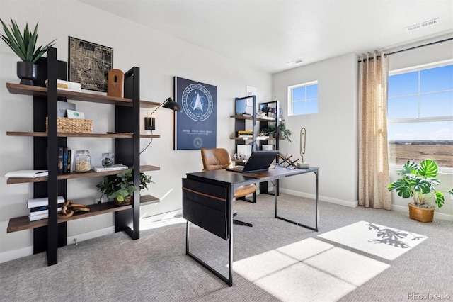 office area with light carpet, visible vents, and baseboards