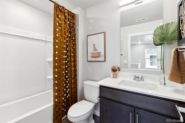 full bath featuring toilet, shower / bath combo, visible vents, and vanity