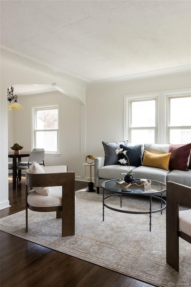 living room featuring arched walkways, dark wood-type flooring, and baseboards