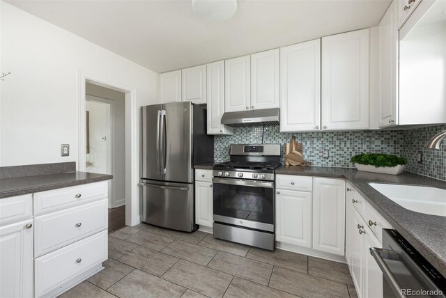 kitchen featuring under cabinet range hood, stainless steel appliances, dark countertops, a sink, and tasteful backsplash