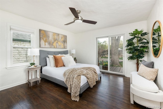 bedroom featuring ceiling fan, baseboards, access to outside, and hardwood / wood-style floors