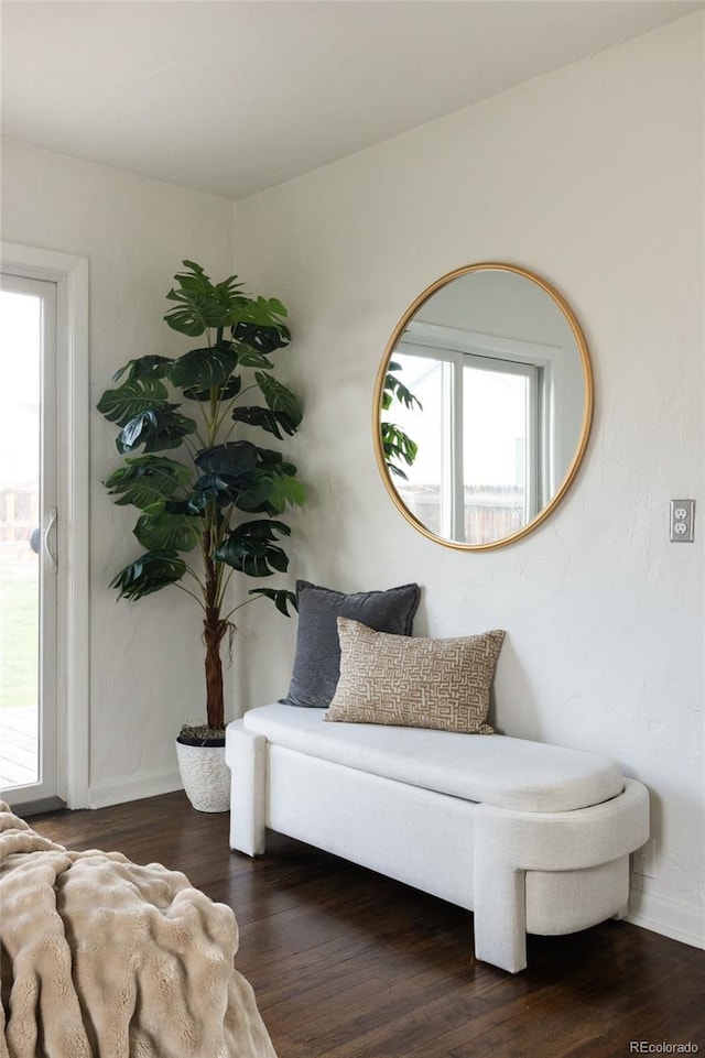 sitting room with baseboards and wood finished floors