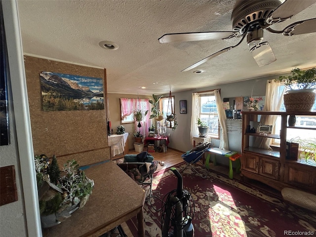 interior space with hardwood / wood-style flooring, a textured ceiling, and ceiling fan