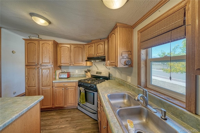 kitchen featuring lofted ceiling, sink, a textured ceiling, stainless steel gas range, and dark wood-type flooring