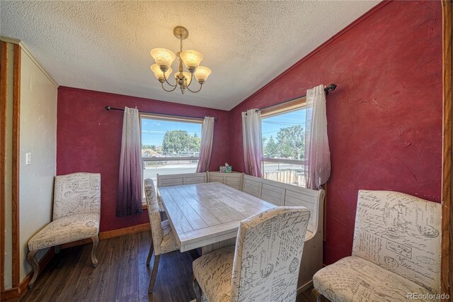 205 Sabeta Ave, Poncha Springs, CO 81242 - dining room featuring lofted ceiling, a chandelier, wood finished floors, and a textured ceiling