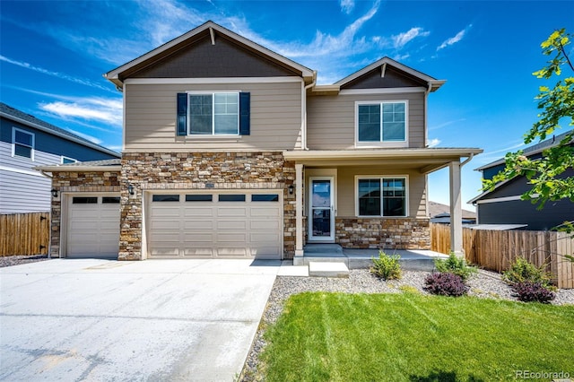 13376 Willow St, Thornton, CO 80602 - craftsman house featuring stone siding, concrete driveway, covered porch, and an attached garage