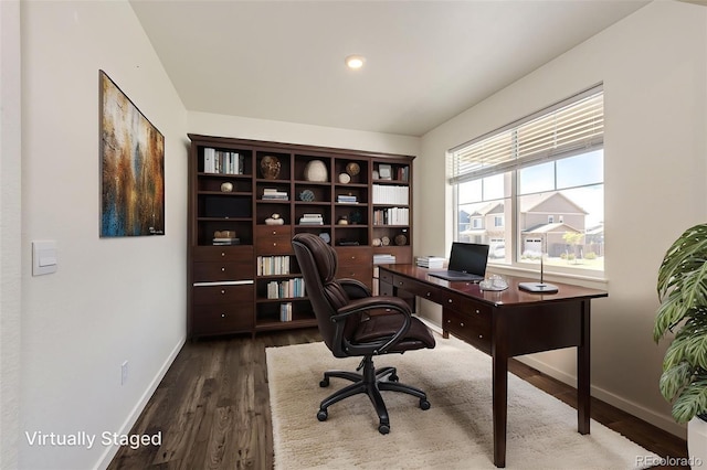 13376 Willow St, Thornton, CO 80602 - home office with dark wood-style floors and recessed lighting