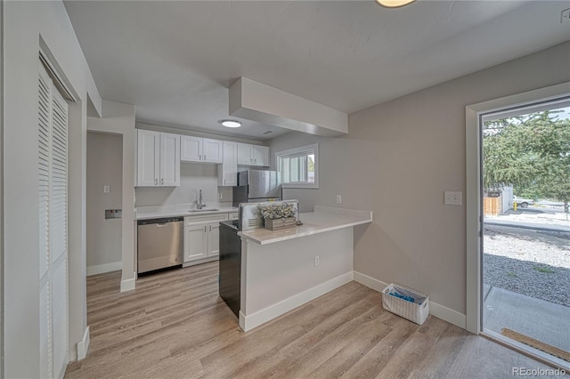 kitchen featuring white cabinetry, sink, kitchen peninsula, light hardwood / wood-style floors, and appliances with stainless steel finishes