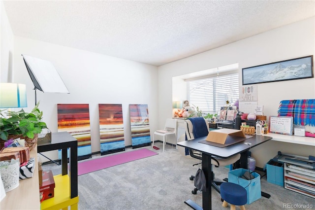 office area with a textured ceiling and carpet