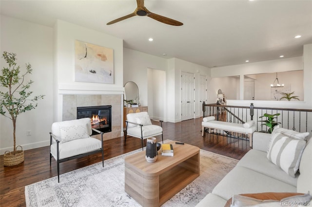 4011 W 149th Ave, Broomfield, CO 80023 - living room featuring ceiling fan, a fireplace, wood finished floors, and recessed lighting