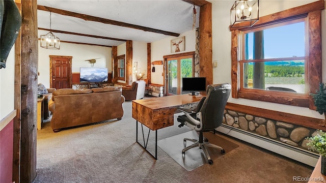 700 Cottage Grove Rd, Alma, CO 80420 - carpeted home office featuring beamed ceiling, a baseboard radiator, and a chandelier
