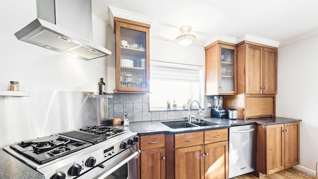 kitchen featuring wall chimney exhaust hood, sink, ornamental molding, stainless steel appliances, and decorative backsplash