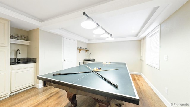 recreation room featuring crown molding, indoor wet bar, and light wood-type flooring