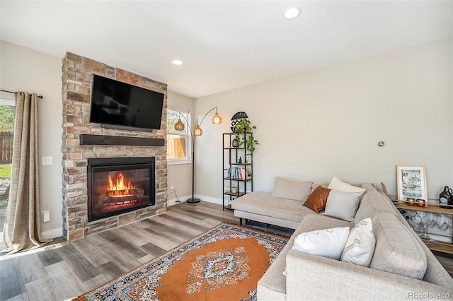 living room with a stone fireplace and hardwood / wood-style flooring