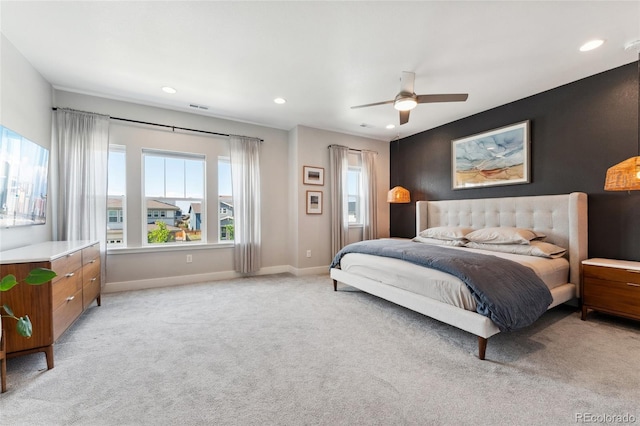 20998 E 60th Pl, Aurora, CO 80019 - bedroom featuring light colored carpet, recessed lighting, and a ceiling fan
