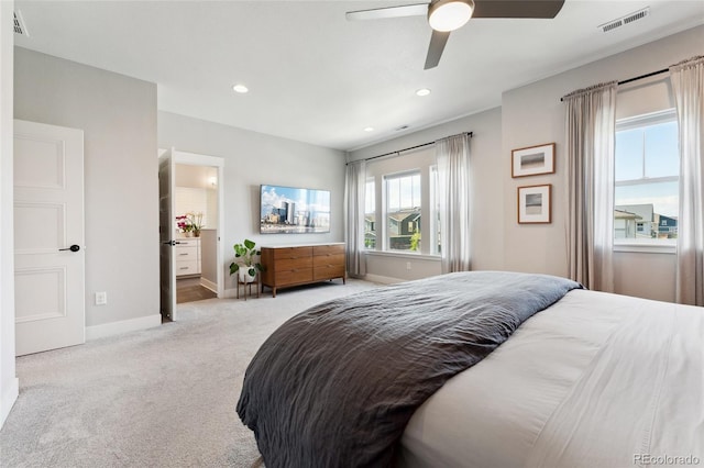 20998 E 60th Pl, Aurora, CO 80019 - carpeted bedroom featuring recessed lighting, a ceiling fan, and ensuite bath
